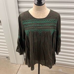 Johnny Was Olive Blouse with Emerald Embroidery